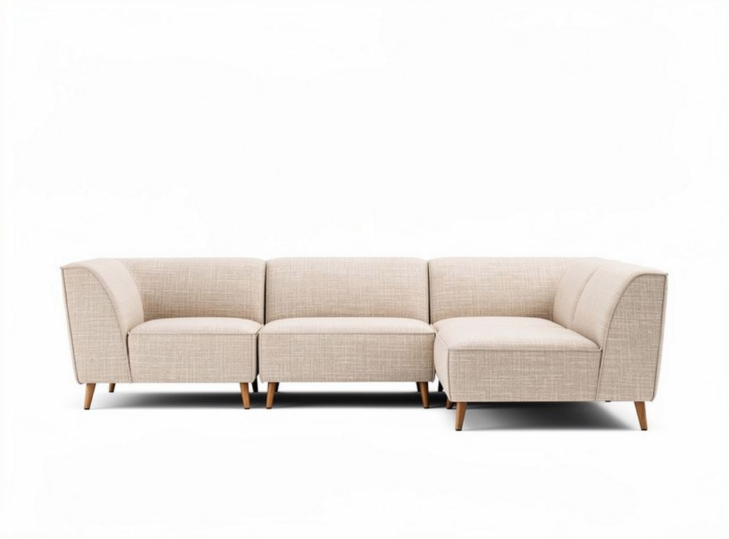 L-shaped sectional sofa in light beige fabric with wooden legs 210 x 90 x 75cm