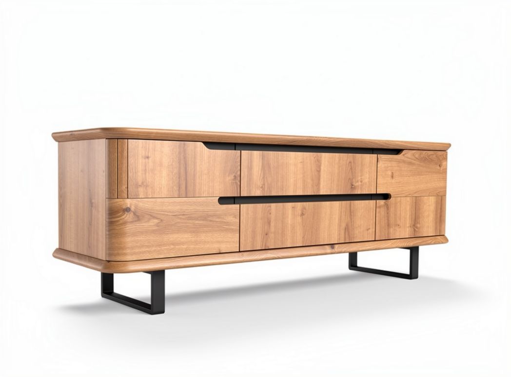 Wooden media console with black metal legs and four drawers 150 x 40 x 50cm