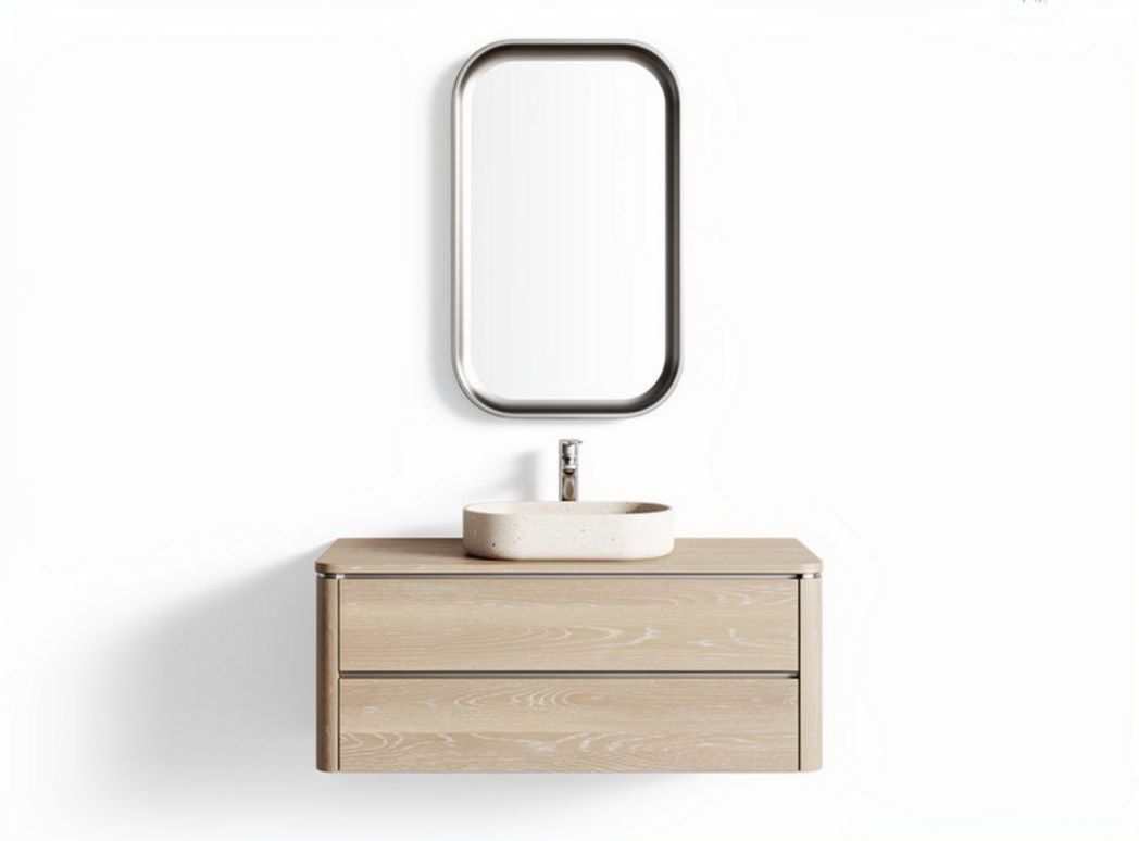 Wall-mounted bathroom vanity with round sink and mirror 100 x 50 x 60cm in light wood finish