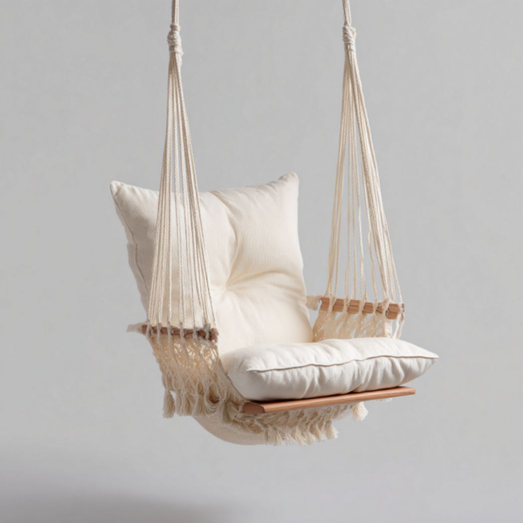 Hammock chair with cushioned seat and wooden frame for indoor or outdoor use