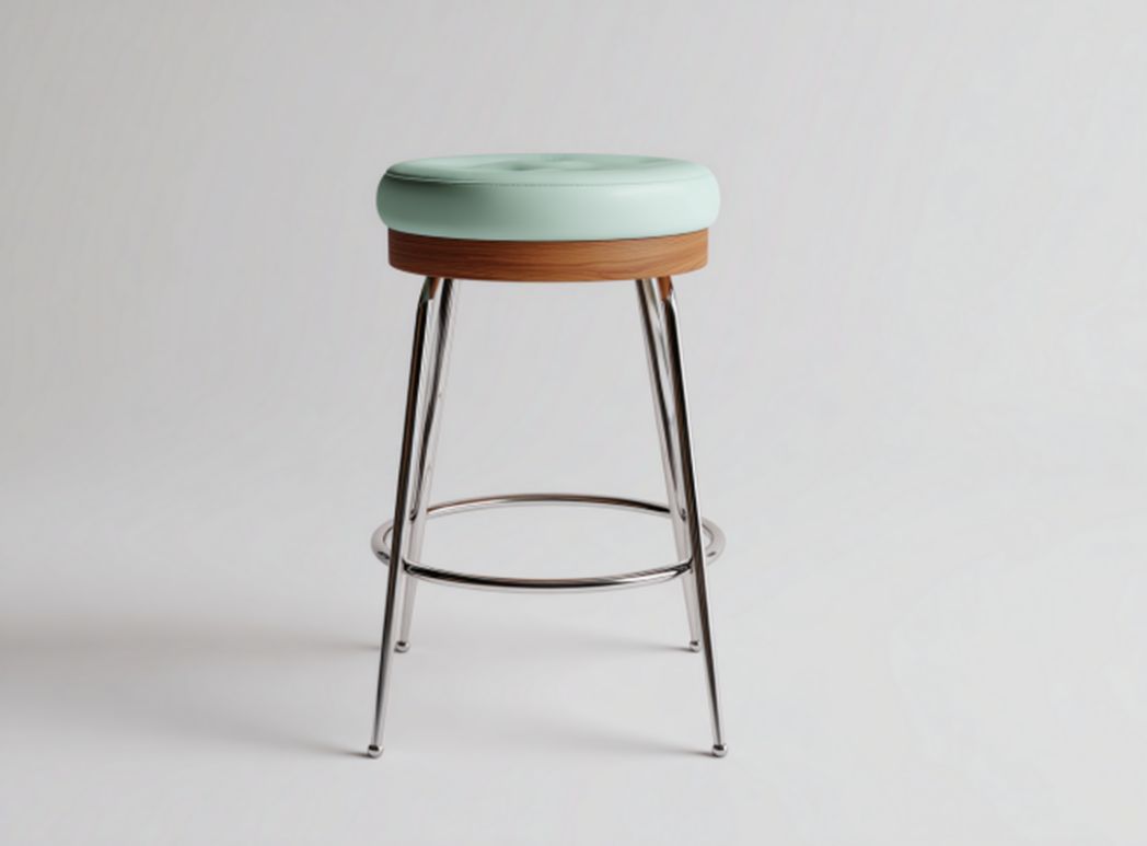 Metal bar stool with padded seat in gray fabric and wood accent 45 x 45 x 100cm