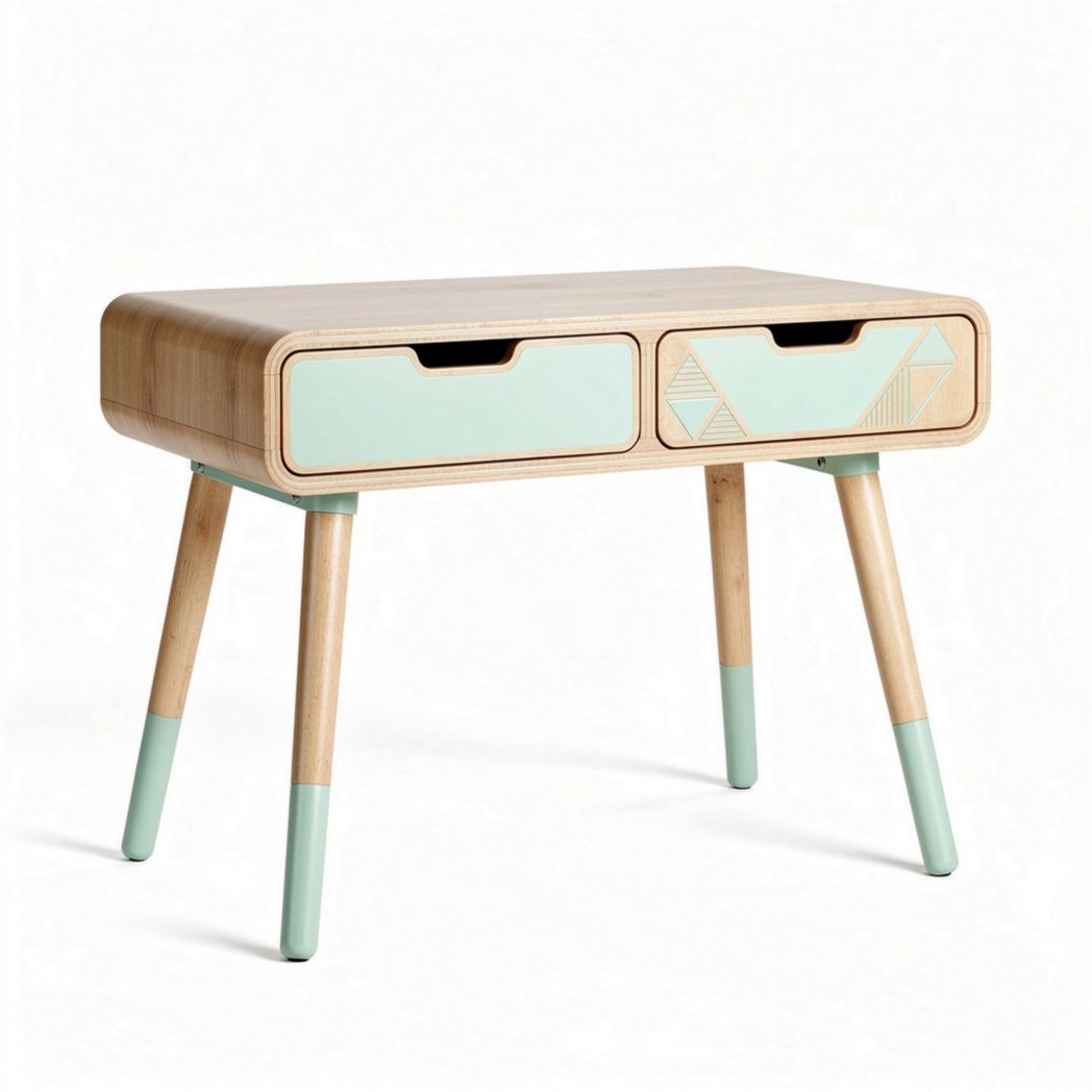 Bamboo desk with mint green accents and two drawers 60 x 40 x 75cm