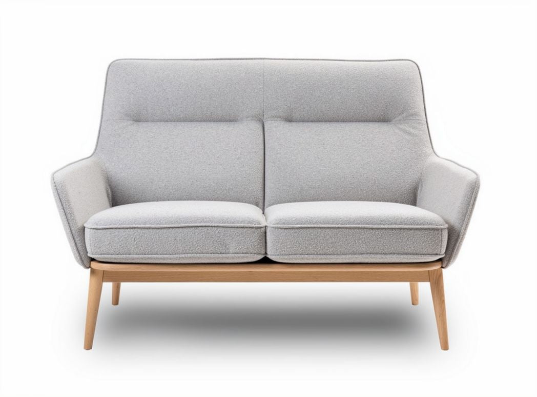 Two-seater sofa with light gray fabric upholstery and wooden legs 150 x 80 x 75cm