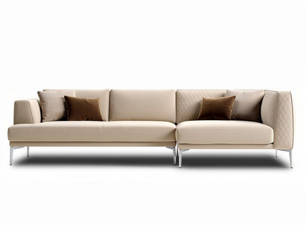 Beige fabric sectional sofa with chrome legs and decorative cushions 300 x 100 x 75cm